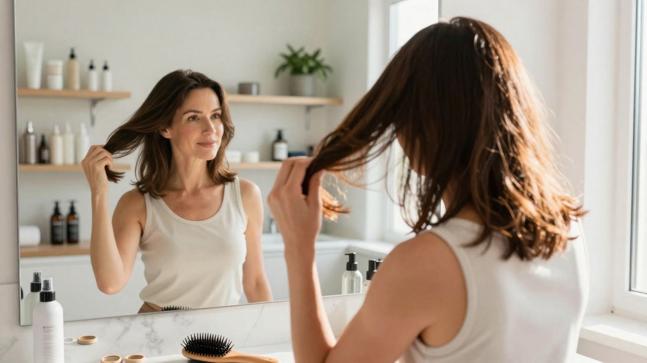 Mulher olhando o cabelo no espelho em banheiro moderno com prateleiras e produtos organizados.
