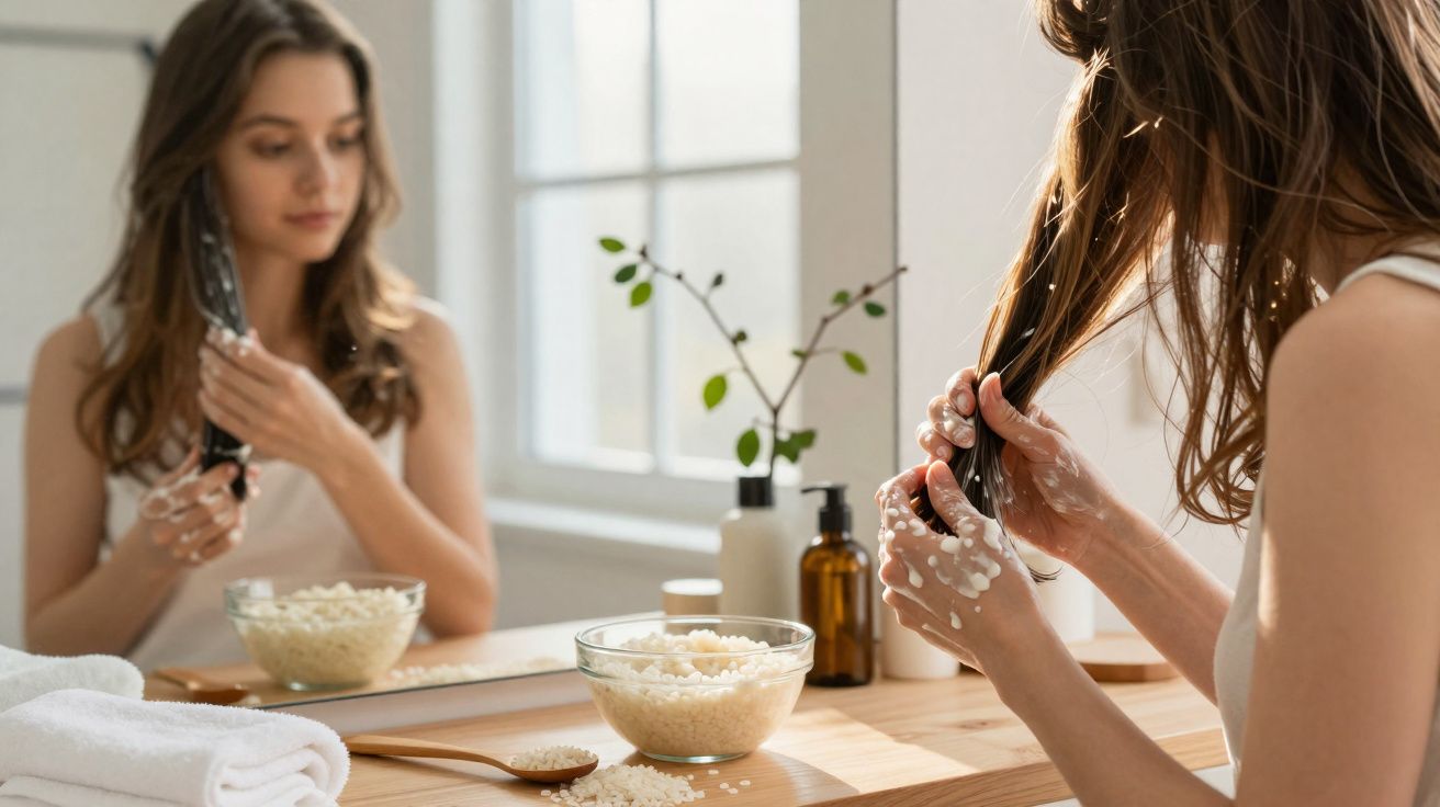 Mulher aplicando máscara de cabelo caseira com arroz, segurando mecha em frente a espelho iluminado.