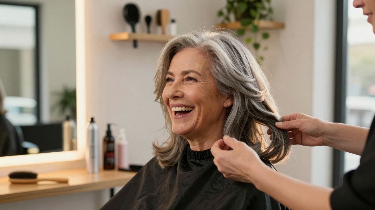 Mulher sorridente em salão de beleza recebendo corte e tratamento de cabelo por profissional.
