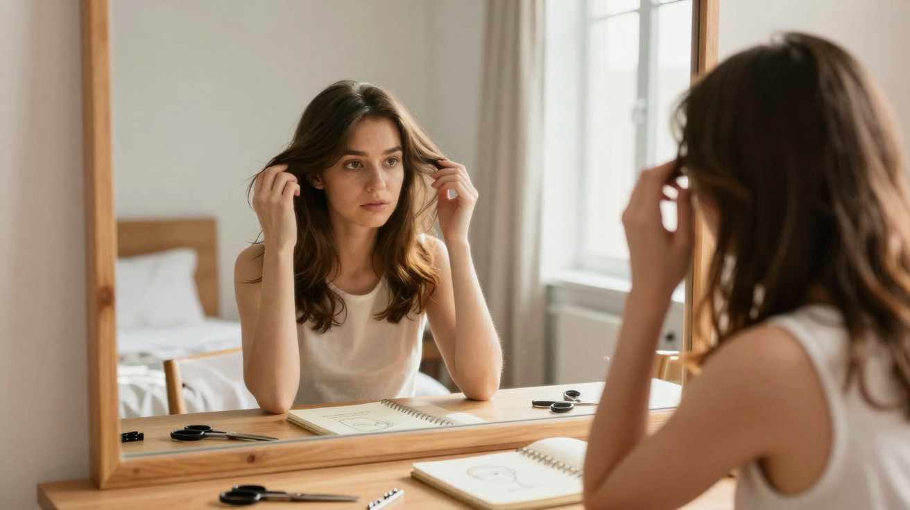 Mulher jovem olhando seu cabelo no espelho, sentada em uma mesa com caderno e materiais de desenho.