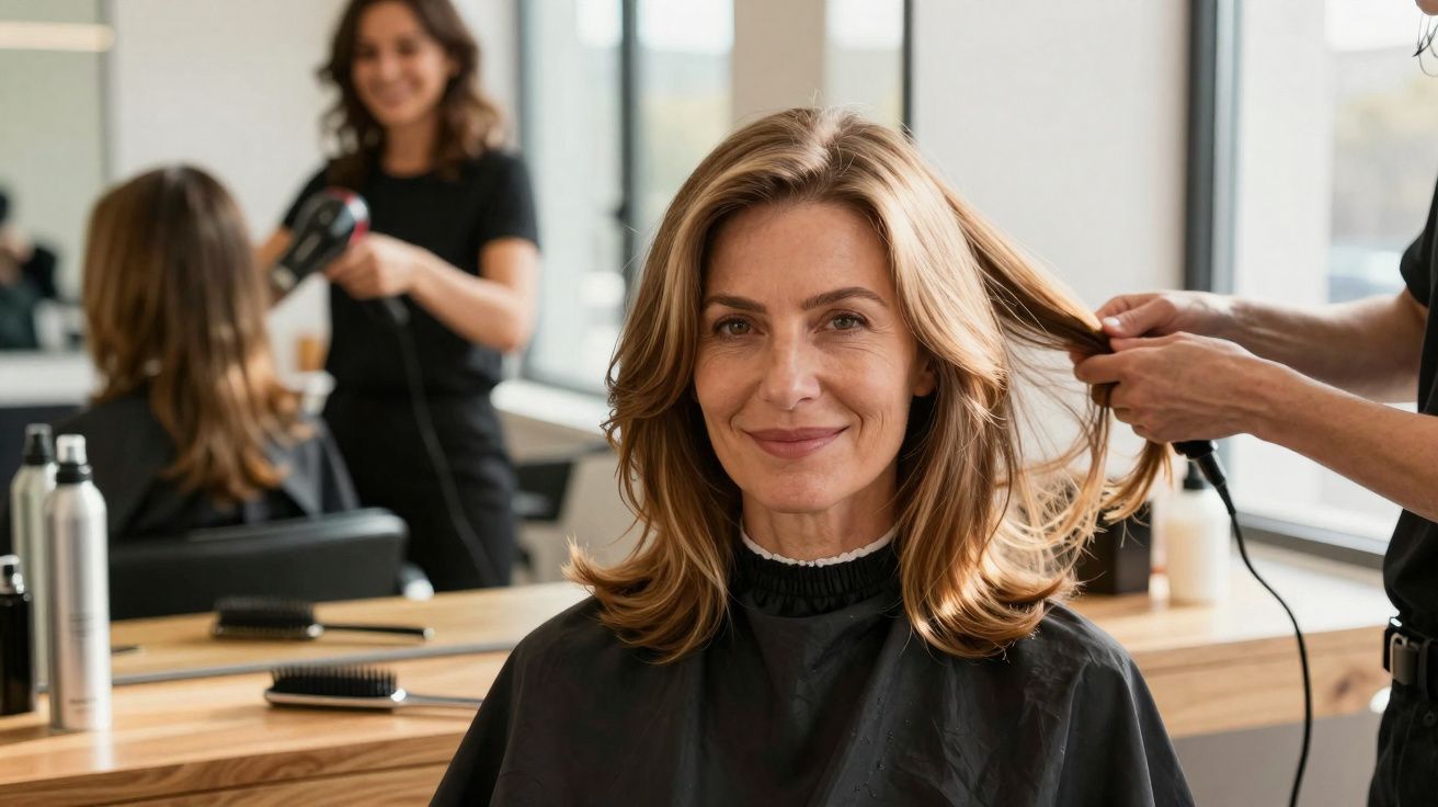 Mulher sorridente em salão de beleza recebendo escova no cabelo de cabeleireiro.
