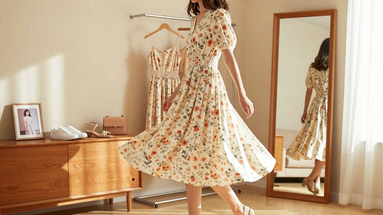 Mulher com vestido floral rodado, posando em quarto minimalista com espelho e roupas ao fundo.