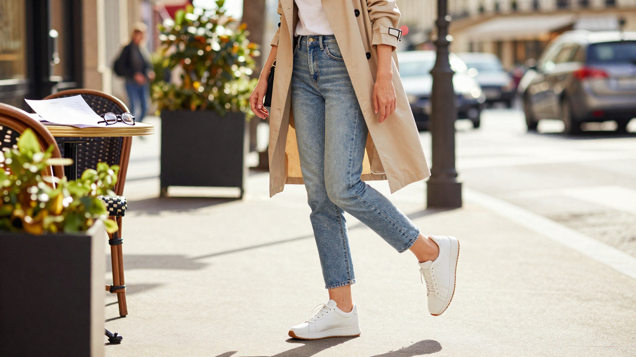 Pessoa caminhando na calçada usando trench coat bege, jeans e tênis brancos em dia ensolarado.