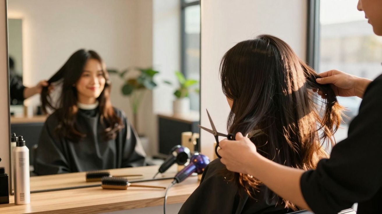 Mulher recebendo corte de cabelo em salão, vista de costas com cabeleireiro segurando tesoura.