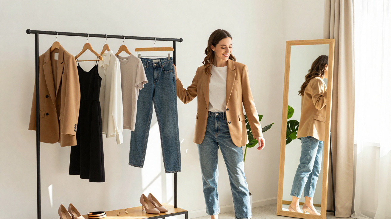 Mulher sorrindo escolhe roupa em cabideiro com blazer, vestido, blusas, jeans e sapatos em ambiente claro.