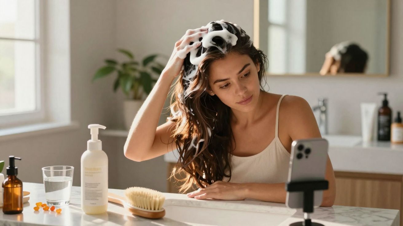 Mulher lavando o cabelo com espuma, olhando para celular apoiado no banheiro.