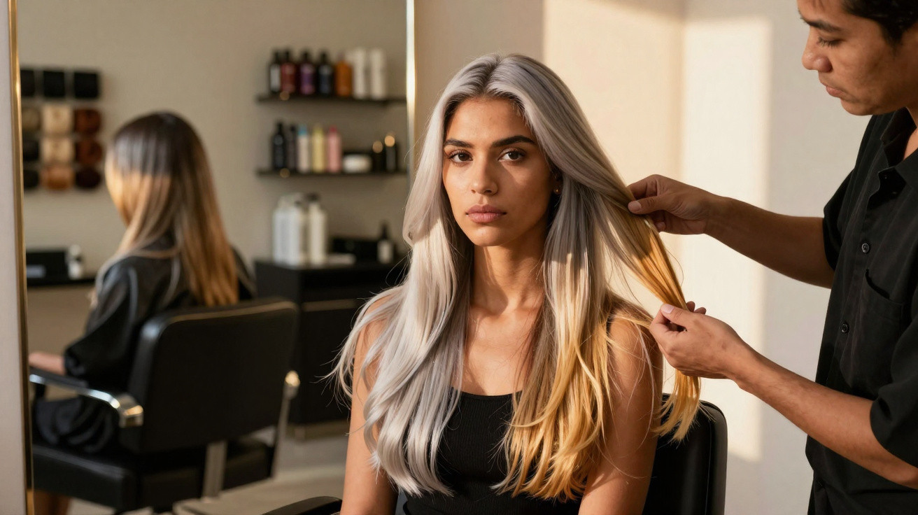 Mulher loira platinada sentada em salão de beleza enquanto cabeleireiro ajusta seus cabelos.
