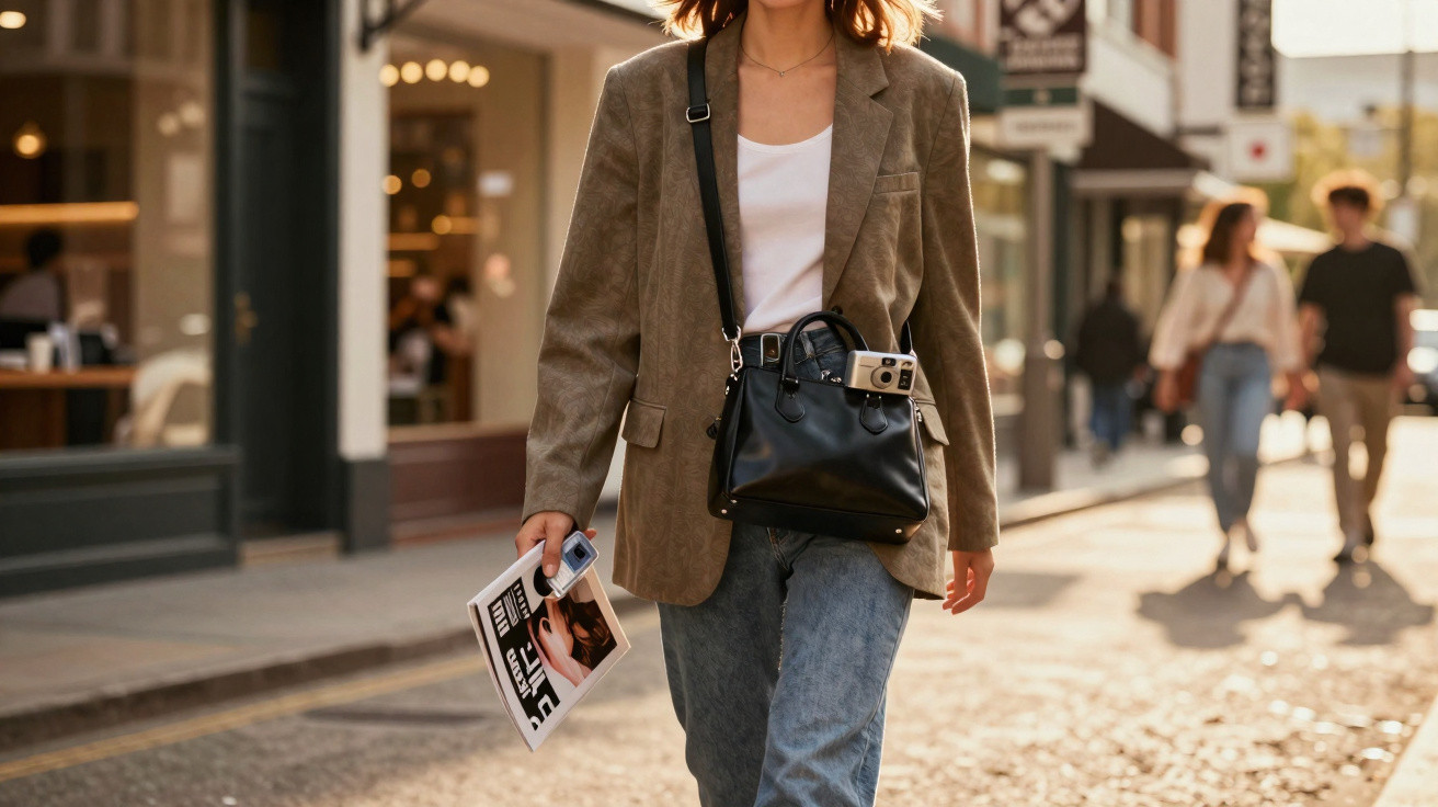 Mulher caminhando na rua com blazer, calça jeans, bolsa preta e revista na mão em área urbana ensolarada.