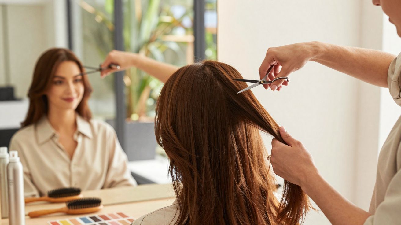 Cabeleireiro cortando cabelo longo castanho enquanto mulher sorri diante do espelho em salão.