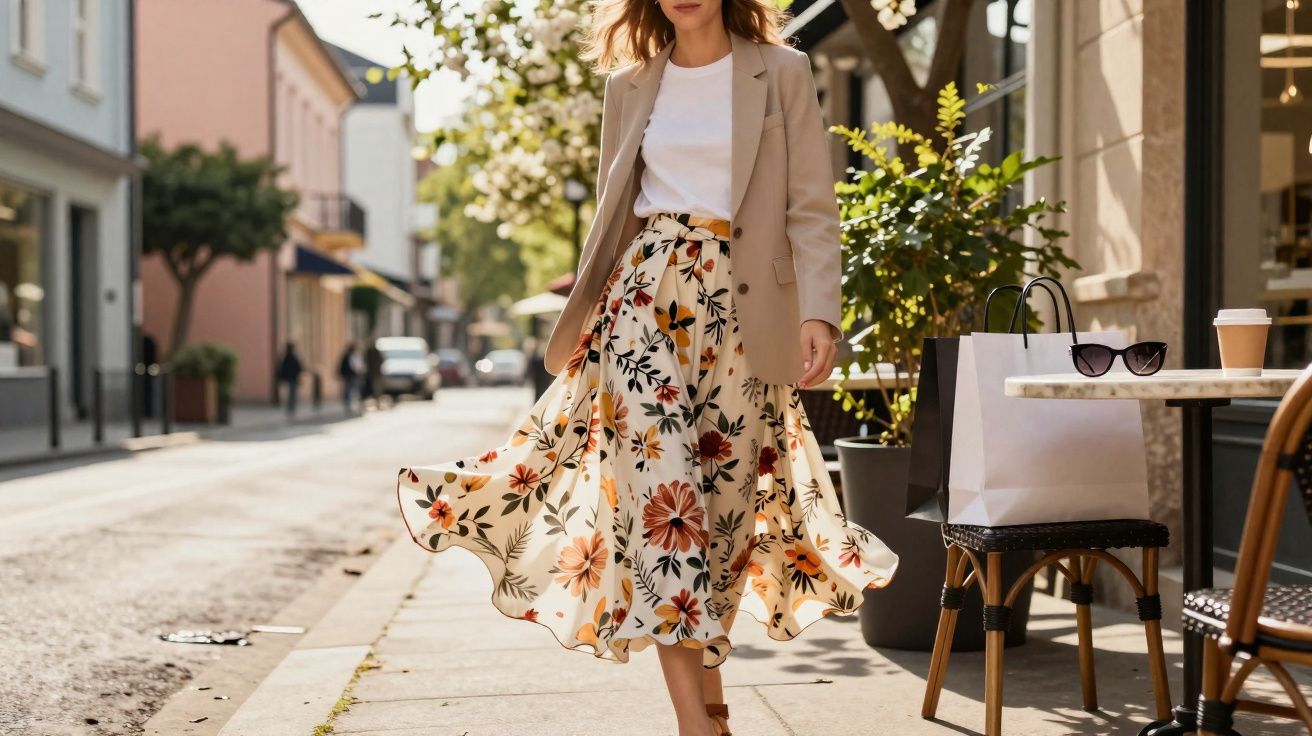 Mulher caminhando na calçada com saia floral, camiseta branca e blazer bege em dia ensolarado.