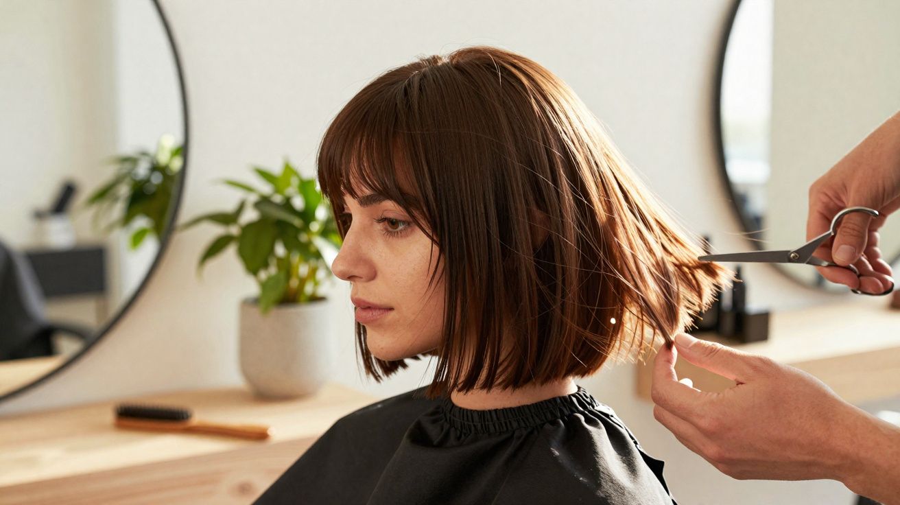 Mulher com cabelo castanho curto recebendo corte de cabelo em salão moderno.