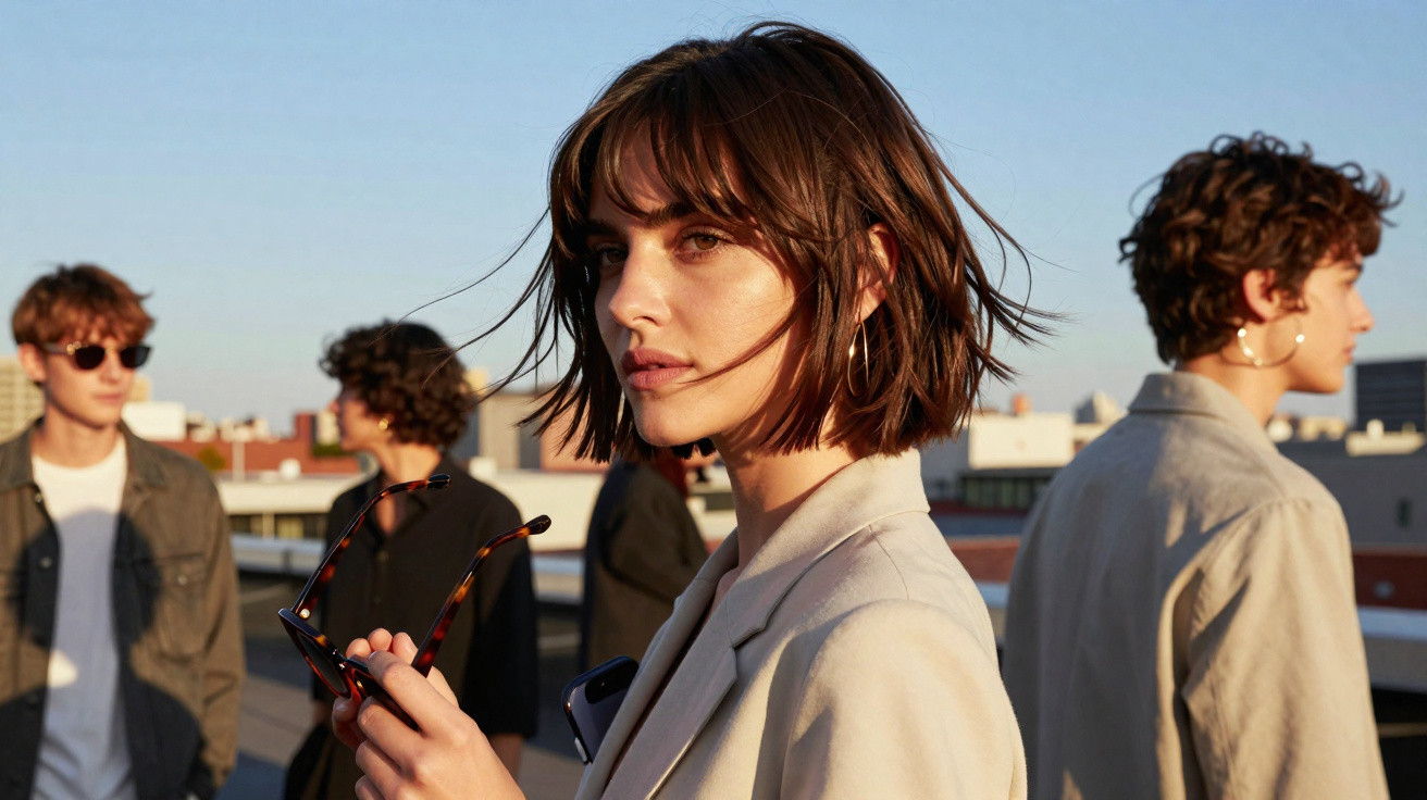 Grupo de quatro jovens em um terraço urbano ao entardecer, com destaque para uma mulher de cabelo curto.