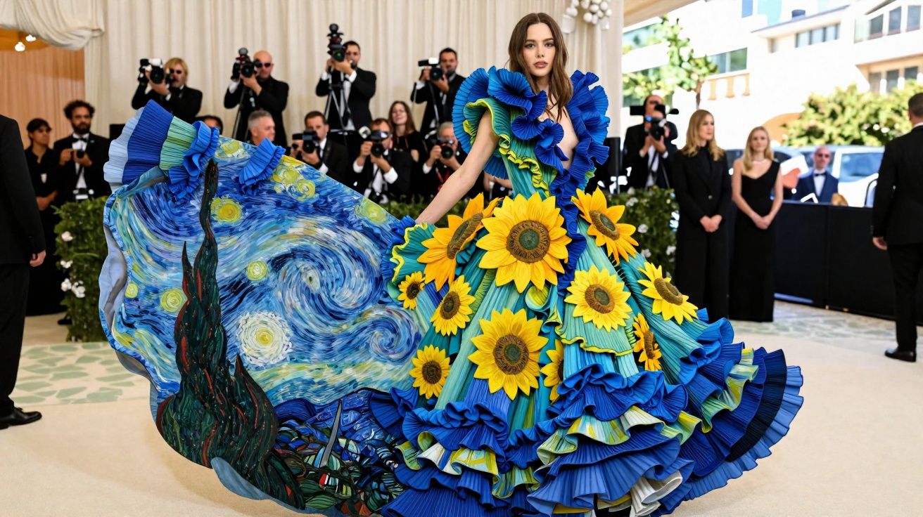 Mulher usando vestido azul com girassóis e estampa da obra "Noite Estrelada" em evento com fotógrafos ao fundo.
