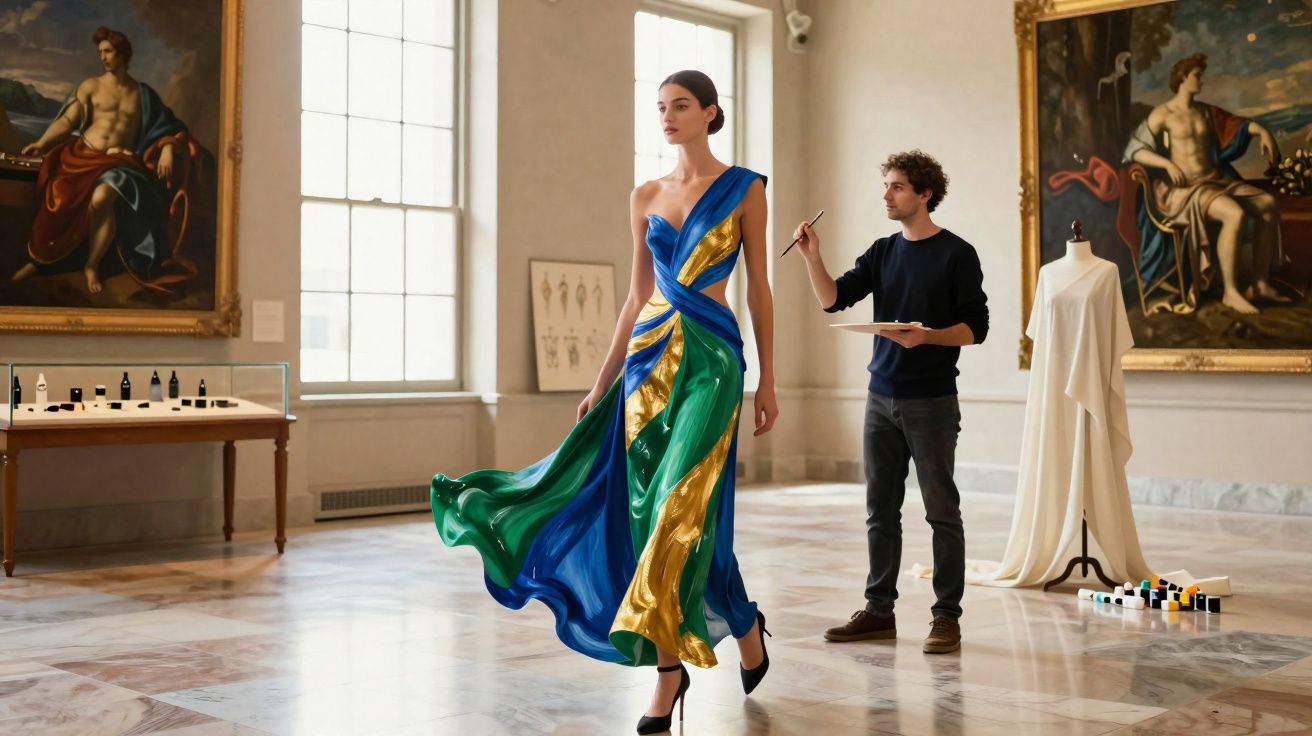 Artista pinta vestido colorido em modelo dentro de galeria de arte clássica.