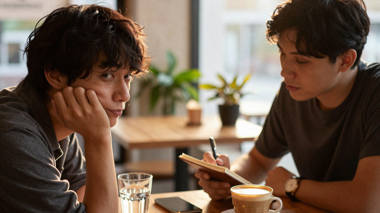 Dois jovens sentados em mesa de café, um escreve em caderno e o outro observa olhando para frente.