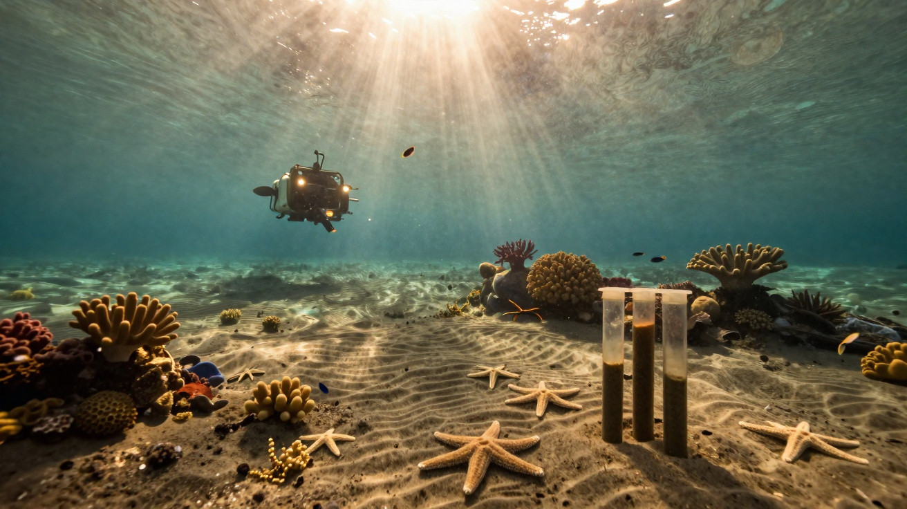 Veículo subaquático explorando recife com corais, estrelas-do-mar e tubos coletando sedimentos no fundo do mar.