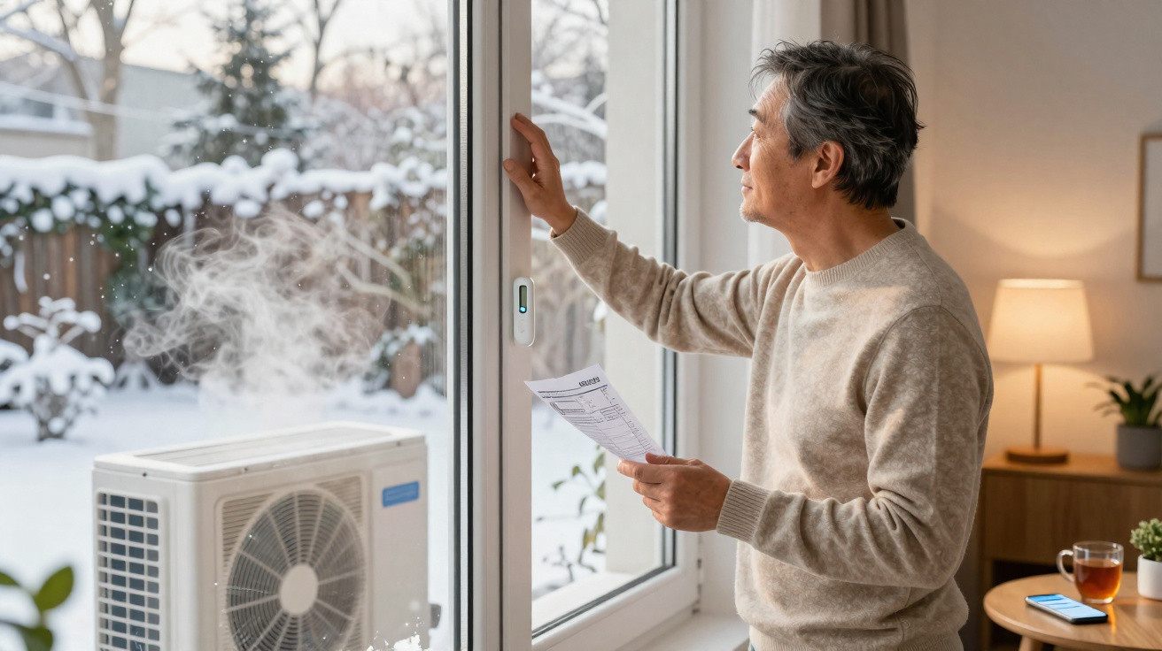 Homem observa a neve do lado de fora enquanto segura uma conta e abre a janela em ambiente aconchegante.