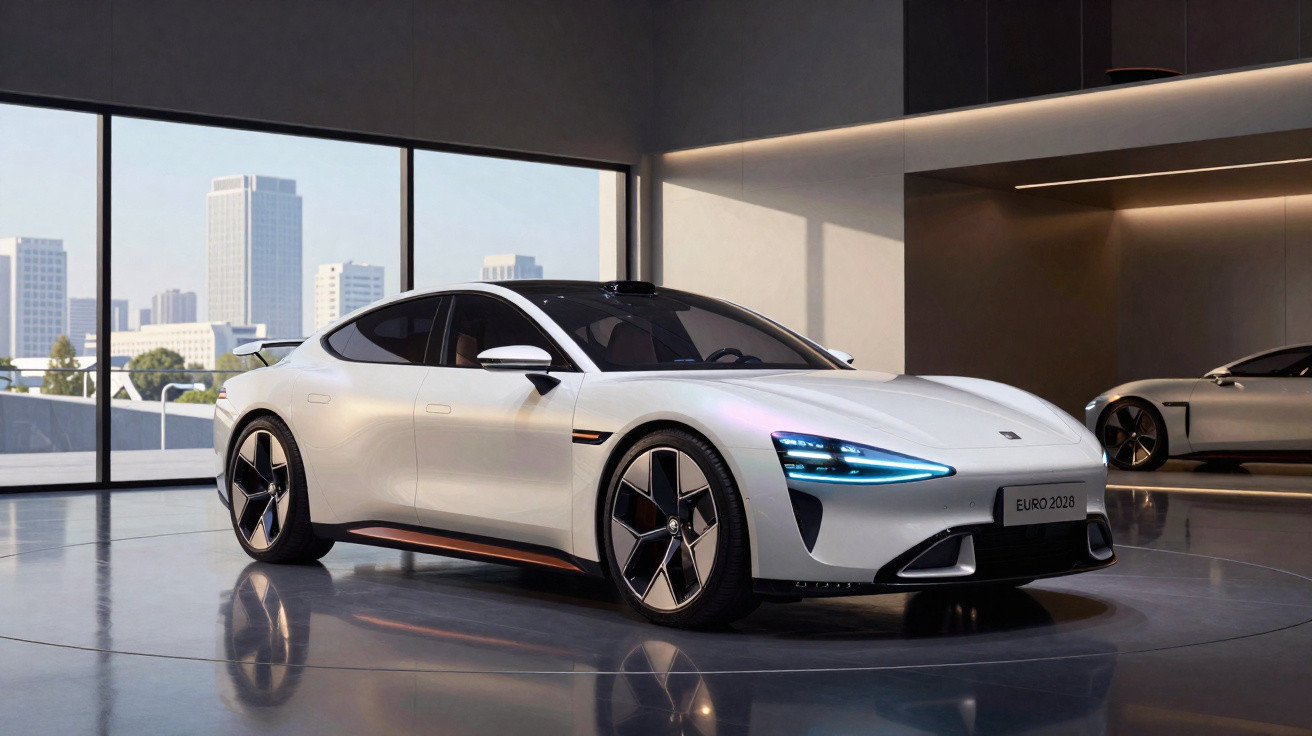 Carro elétrico esportivo branco em exposição com faróis azuis em ambiente moderno e iluminado.