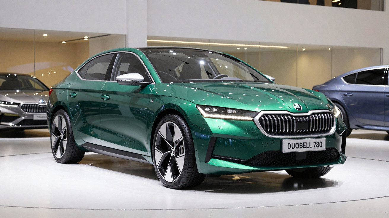 Carro sedan verde metálico Skoda Duobell 780 exposto em salão automotivo moderno e iluminado.