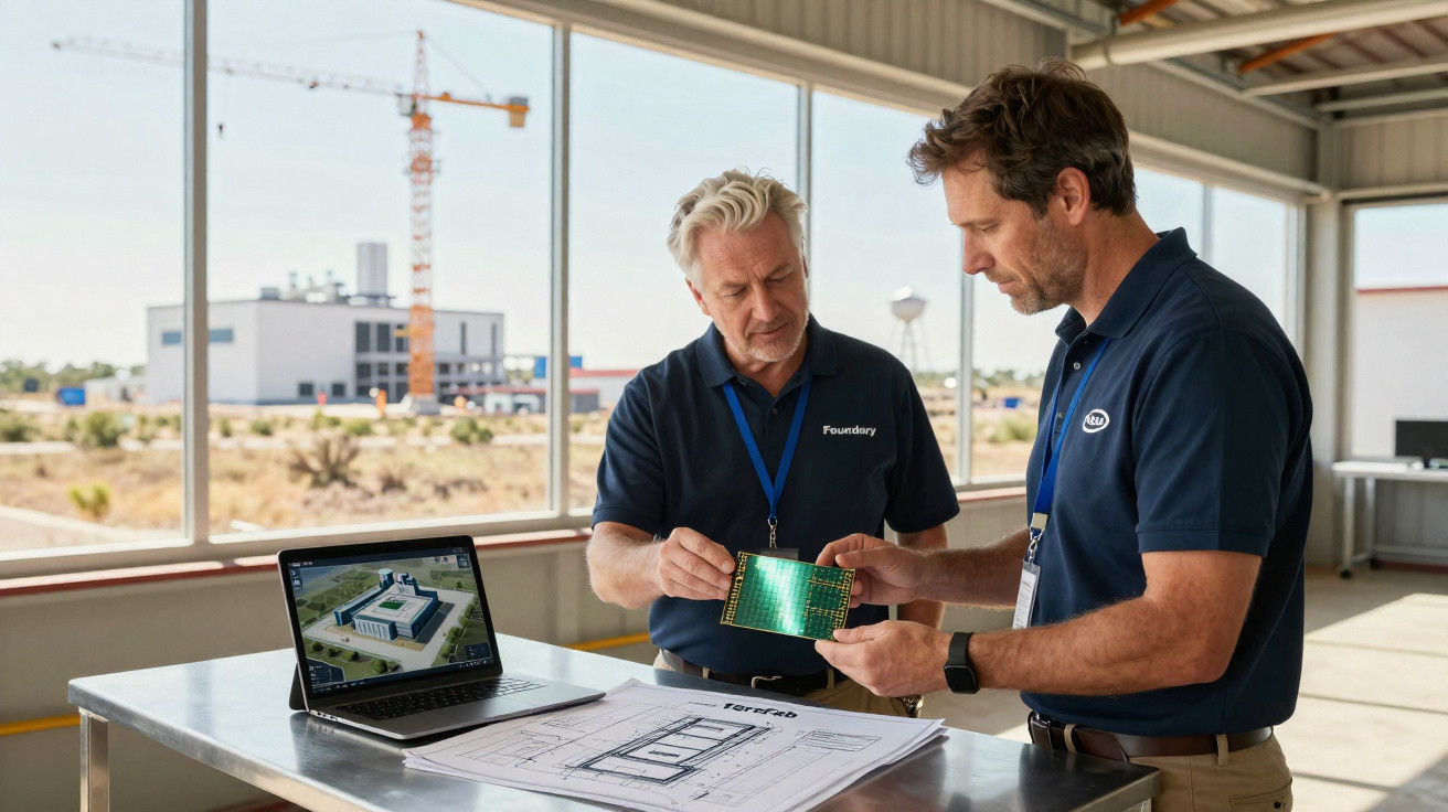 Dois homens analisam um circuito eletrônico em uma mesa com plantas arquitetônicas e laptop aberto em ambiente industrial.