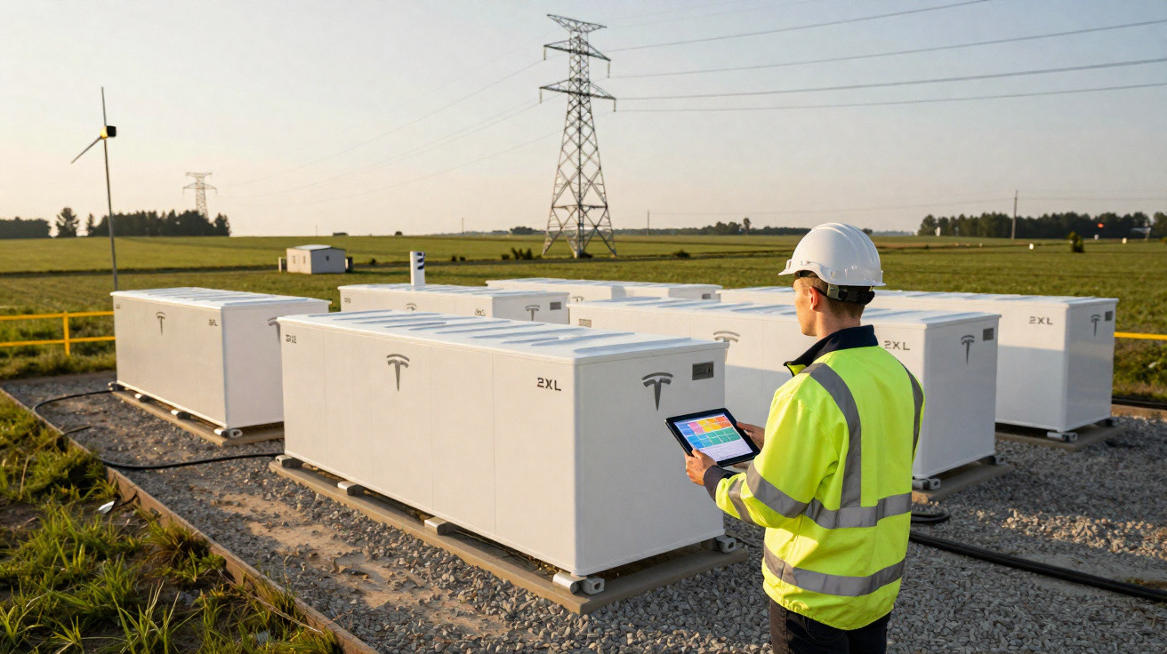 Engenheiro com colete e capacete monitora baterias Tesla em campo aberto com torre de energia e turbina eólica ao fundo.