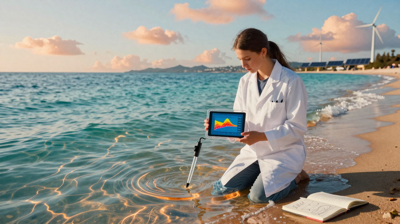 Cientista mulher coleta dados da água do mar na praia com turbina eólica ao fundo ao pôr do sol.