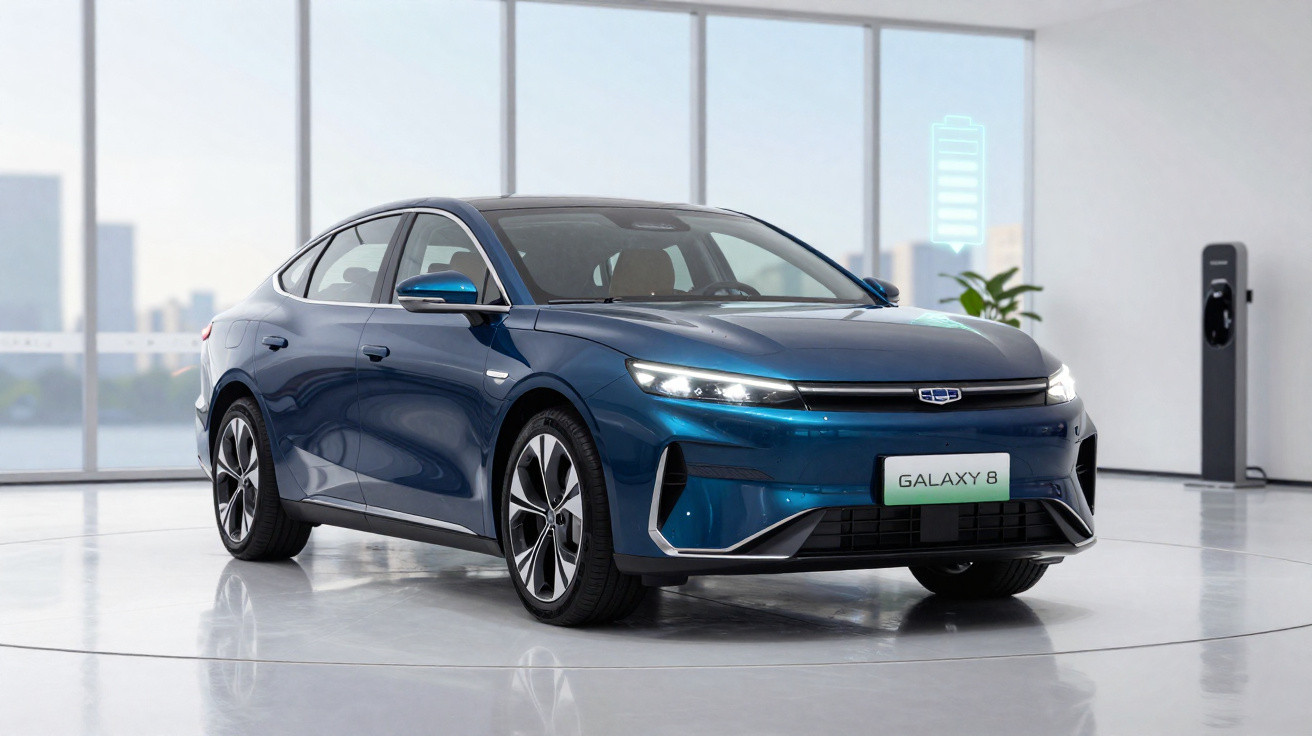 Carro elétrico azul Galaxy 8 em ambiente moderno com carregador e ícone de bateria ao fundo.