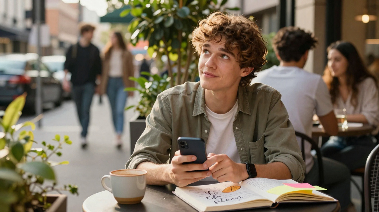 Jovem sentado em cafeteria ao ar livre, com celular na mão e livro aberto na mesa, olhando para cima.
