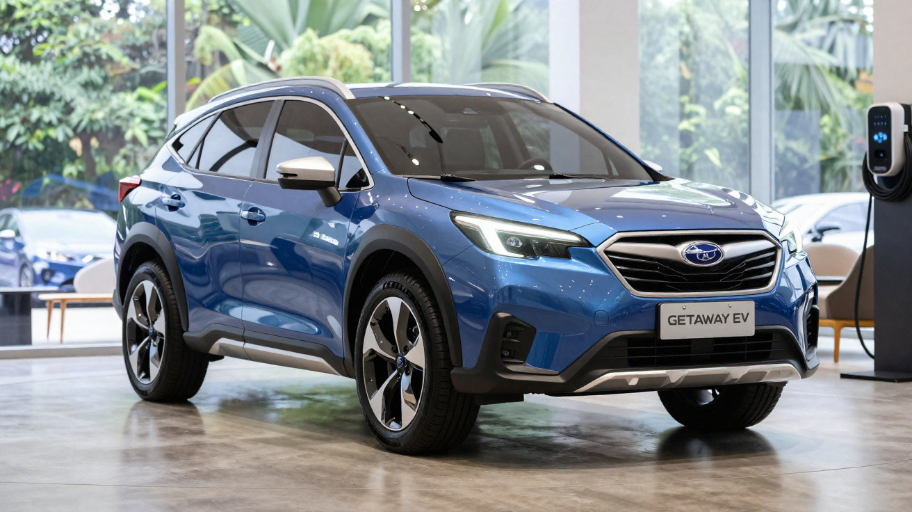 Carro SUV elétrico azul Subaru Getaway EV em exposição dentro de showroom moderno.