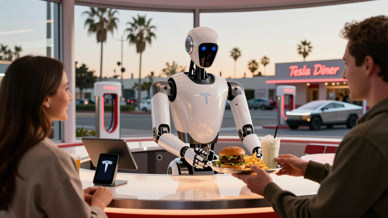Robô vestindo uniforme Tesla serve hambúrguer e batatas fritas para casal em lanchonete futurista.