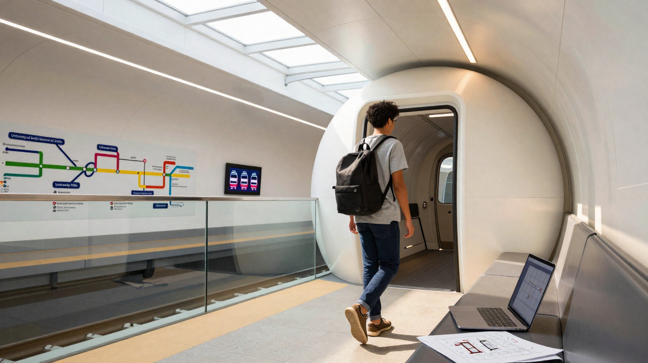 Jovem com mochila entrando em vagão futurista de metrô, com mapa e laptop ao lado.