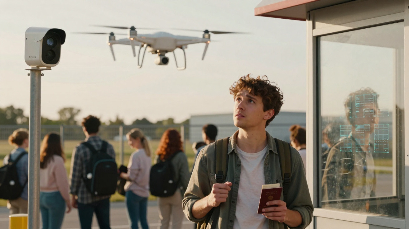 Jovem observa drone voando perto de câmera de vigilância, segurando passaporte, com pessoas ao fundo.