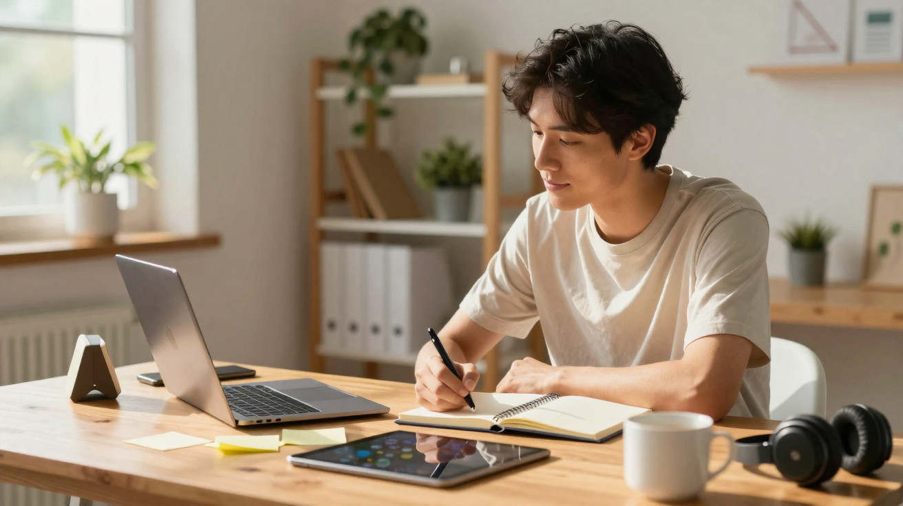 Jovem sorridente estudando com notebook, caderno, tablet e café em mesa organizada.