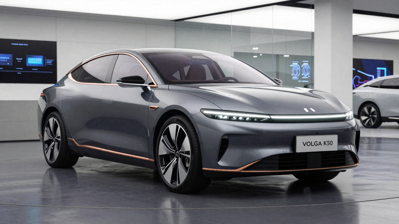 Carro elétrico cinza Volga K50 exposto em salão moderno com iluminação branca e piso refletivo.