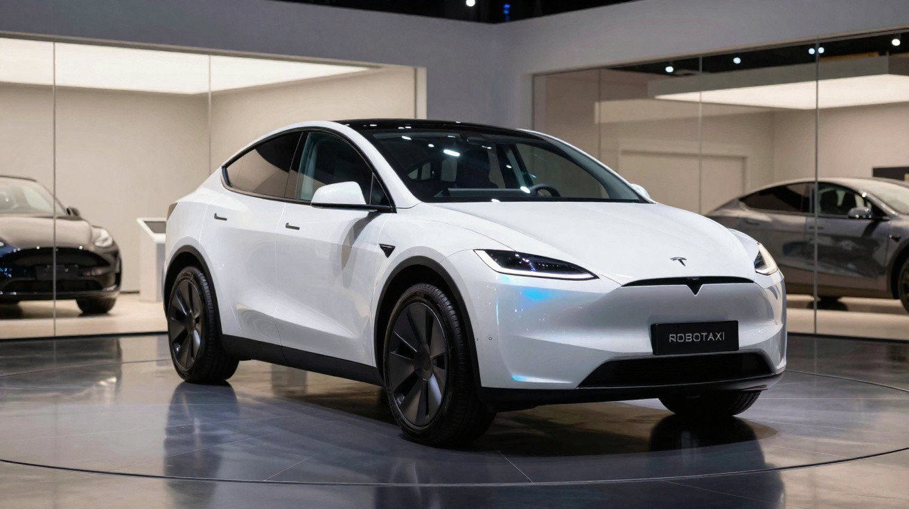 Carro elétrico branco Tesla Model X Robotaxi exposto em showroom com piso brilhante e espelhos ao fundo.
