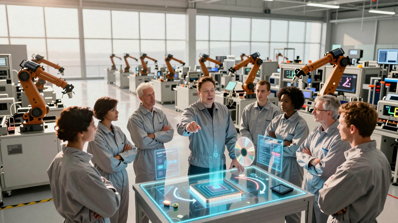 Equipe de engenheiros discutindo projeto holográfico em laboratório com braços robóticos industriais ao fundo.
