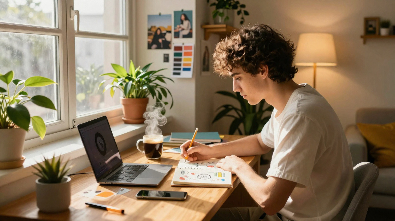 Jovem desenhando em caderno sentado à mesa perto da janela com laptop, plantas e café quente.