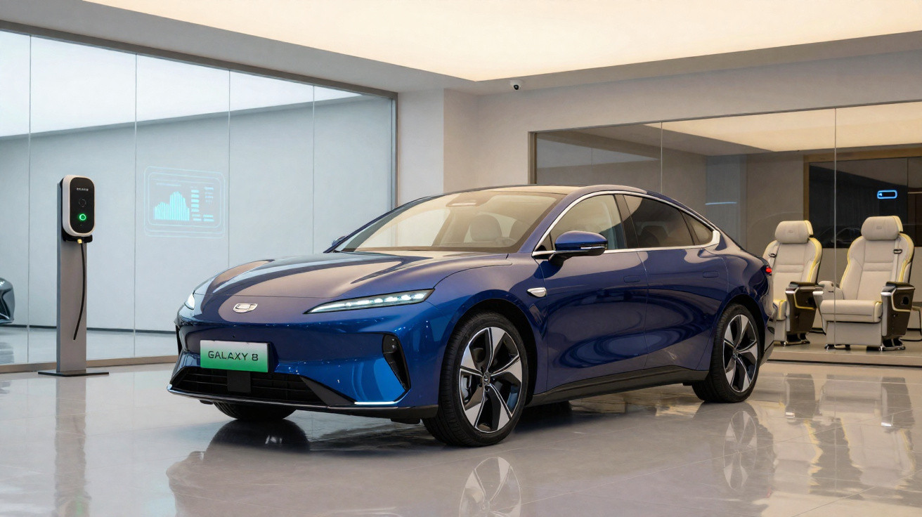 Carro elétrico azul modelo Galaxy B estacionado em showroom moderno com parede de vidro e carregador ao fundo.