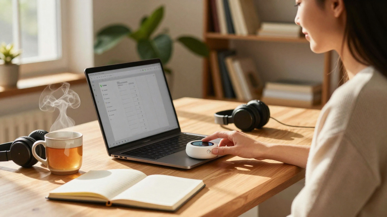 Mulher usando controle remoto ao trabalhar em laptop em mesa com fones, caderno e xícara de chá com vapor.