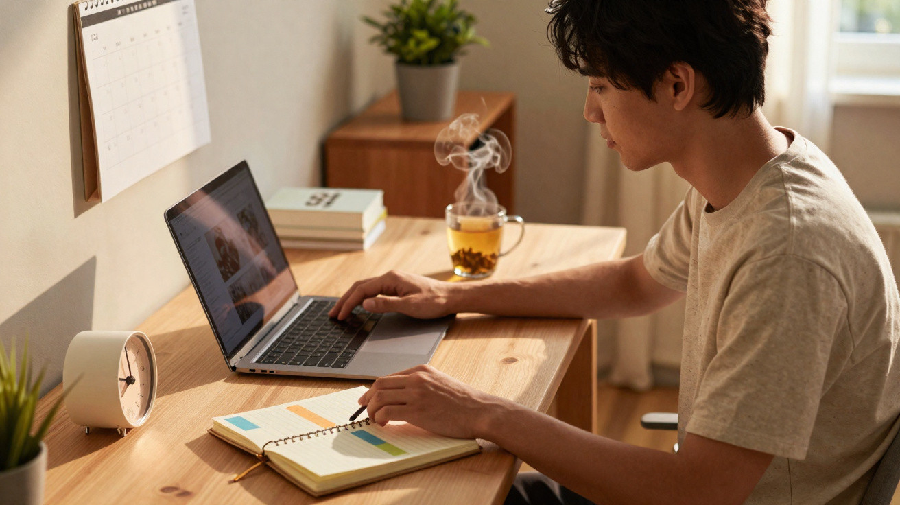 Jovem trabalhando em laptop, escrevendo em caderno, com xícara de chá fumegante em mesa de madeira.