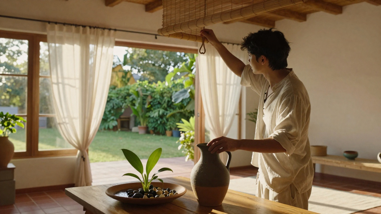 Homem em ambiente iluminado ajusta persiana de bambu em sala com planta e jarra sobre mesa de madeira.