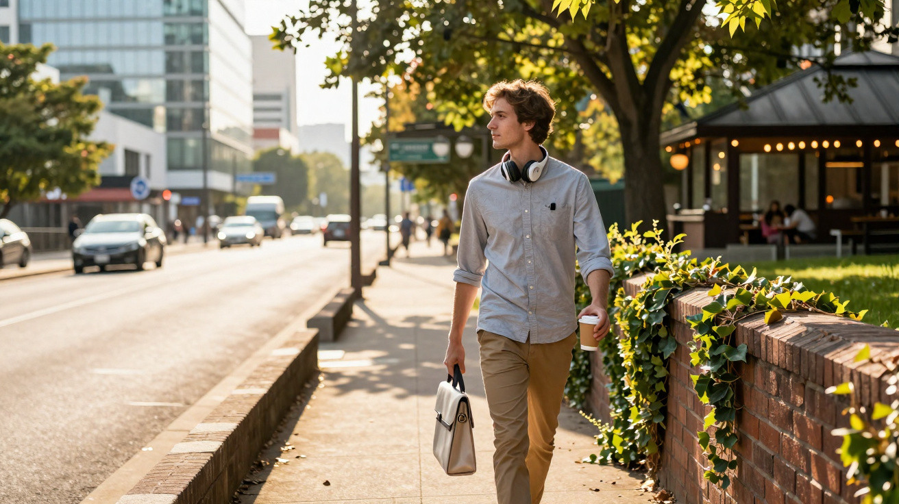 Jovem caminhando na calçada urbana com fones no pescoço, segurando café e pasta, em dia ensolarado.