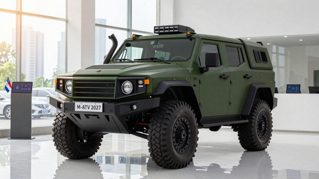 Veículo utilitário militar verde com pneus grandes exibido em ambiente interno moderno.