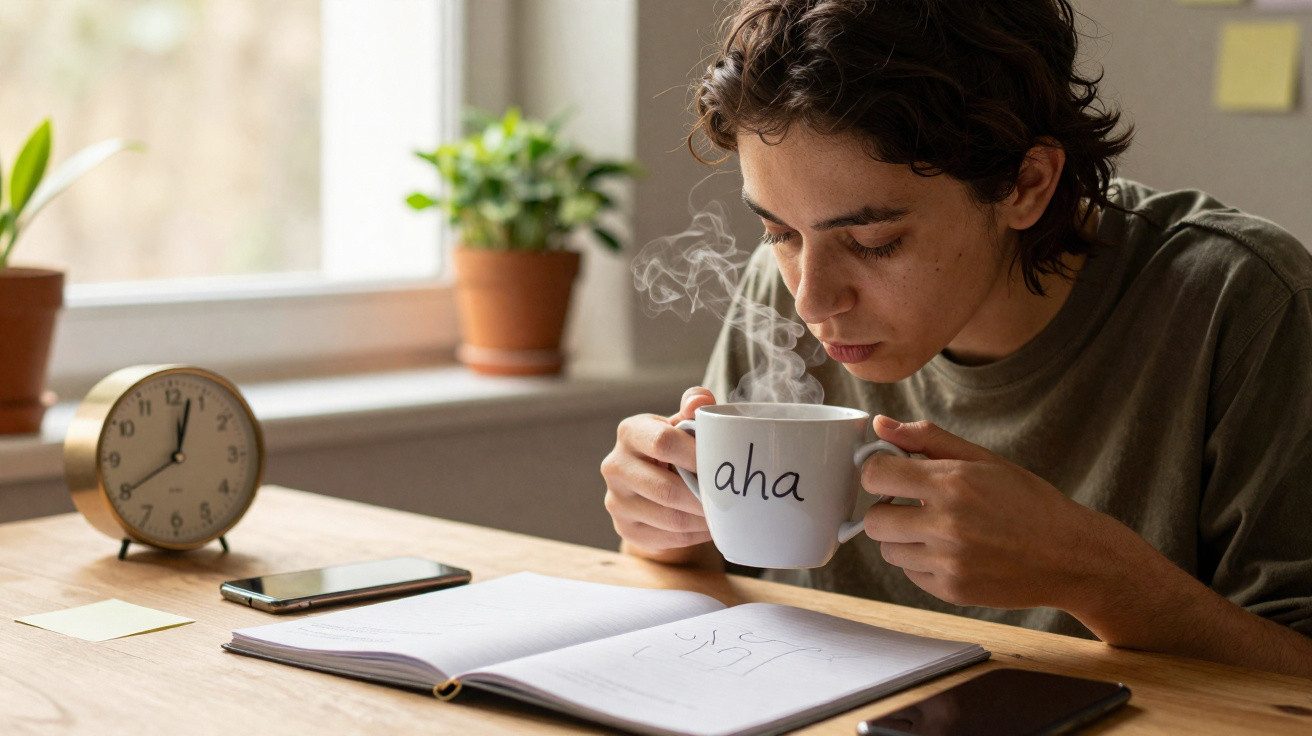 Pessoa jovem cheirando xícara quente com a palavra "aha" sentada em mesa com caderno aberto, celular e relógio.