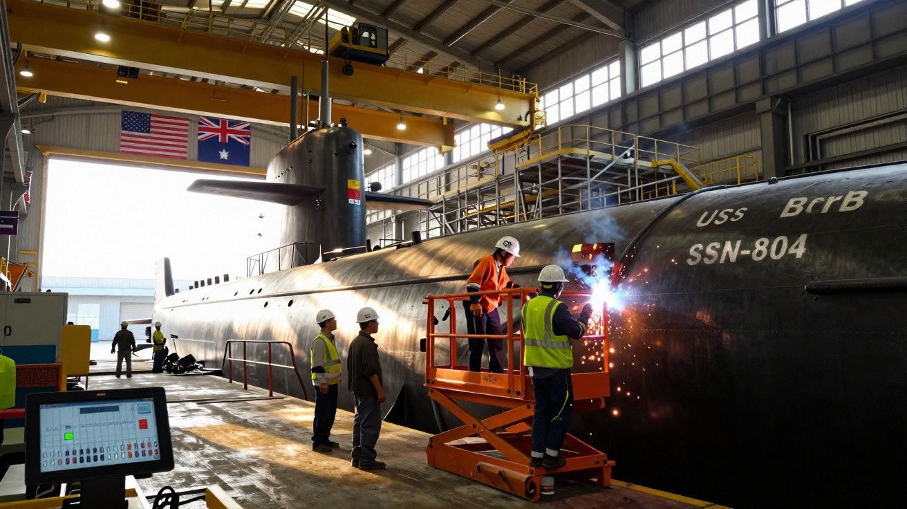 Trabalhadores com coletes e capacetes soldando e inspecionando um submarino no interior de um estaleiro.