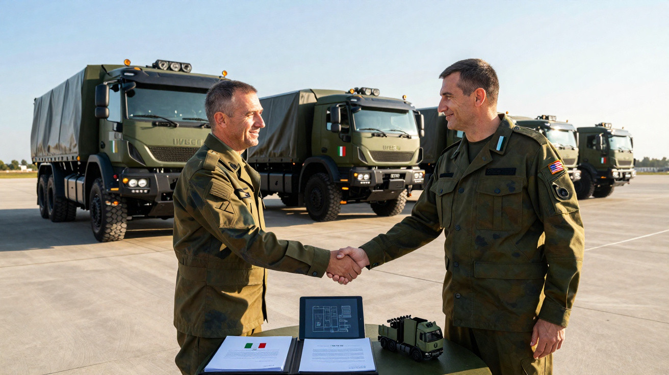 Dois militares apertando mãos com caminhões militares verdes ao fundo em pátio ensolarado.