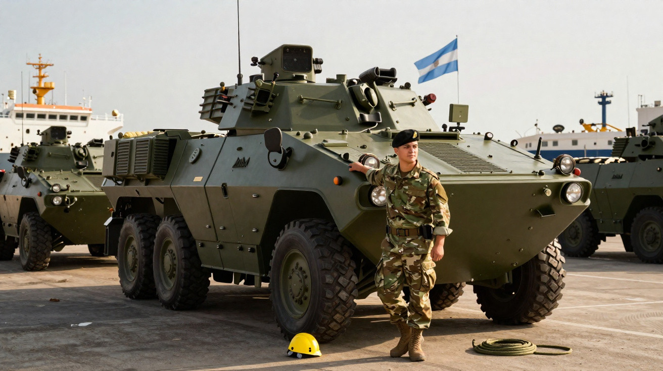 Soldado em uniforme camuflado encostado em veículo militar blindado com bandeira da Argentina ao fundo.