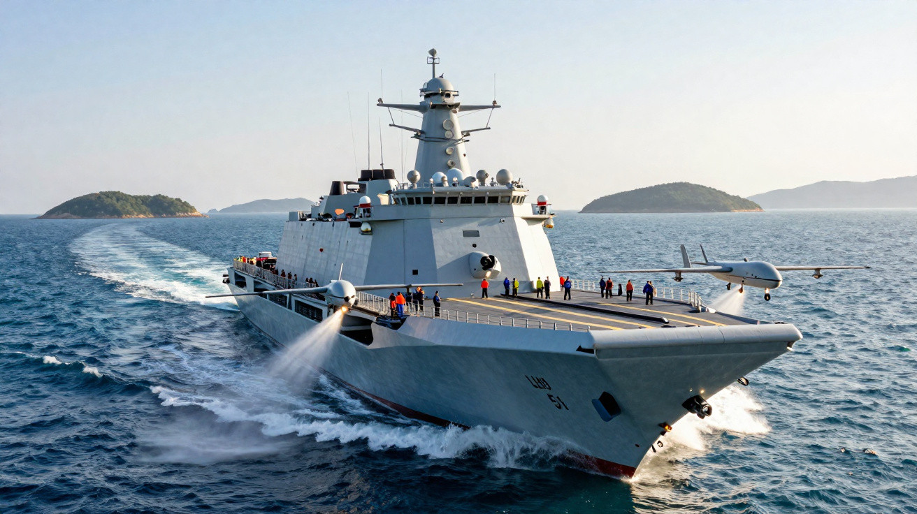 Navio de guerra moderno com drone sobre a proa e tripulação em mar aberto próximo a ilhas.