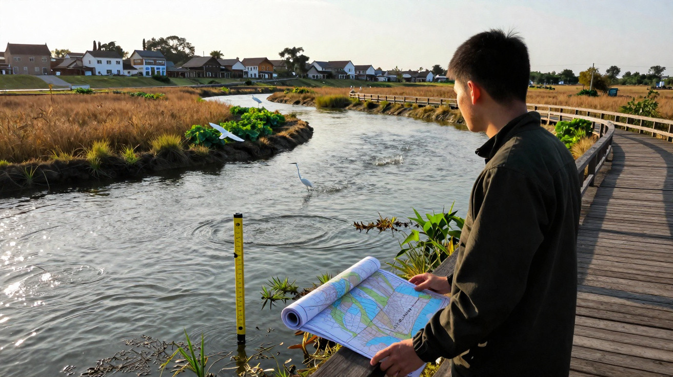 Homem observa mapa ao lado de rio em uma área com vegetação e casas ao fundo ao entardecer.