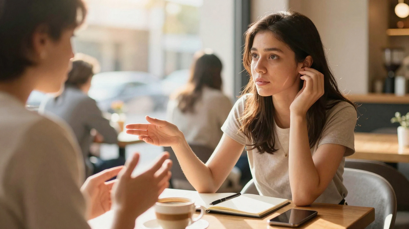 Mulher conversando seriamente com outra em cafeteria, com caderno e celular sobre a mesa.